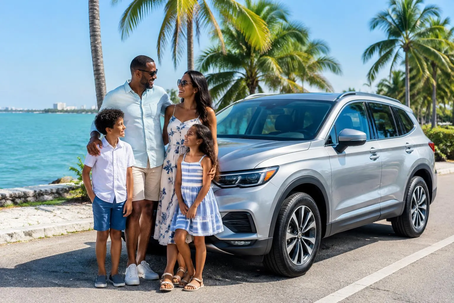 Family enjoying a sunny coastal day beside their car