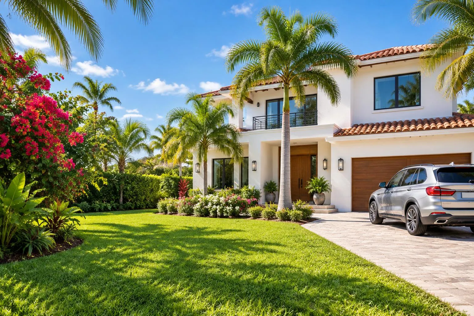 Florida home with tropical landscaping and a silver SUV in the driveway